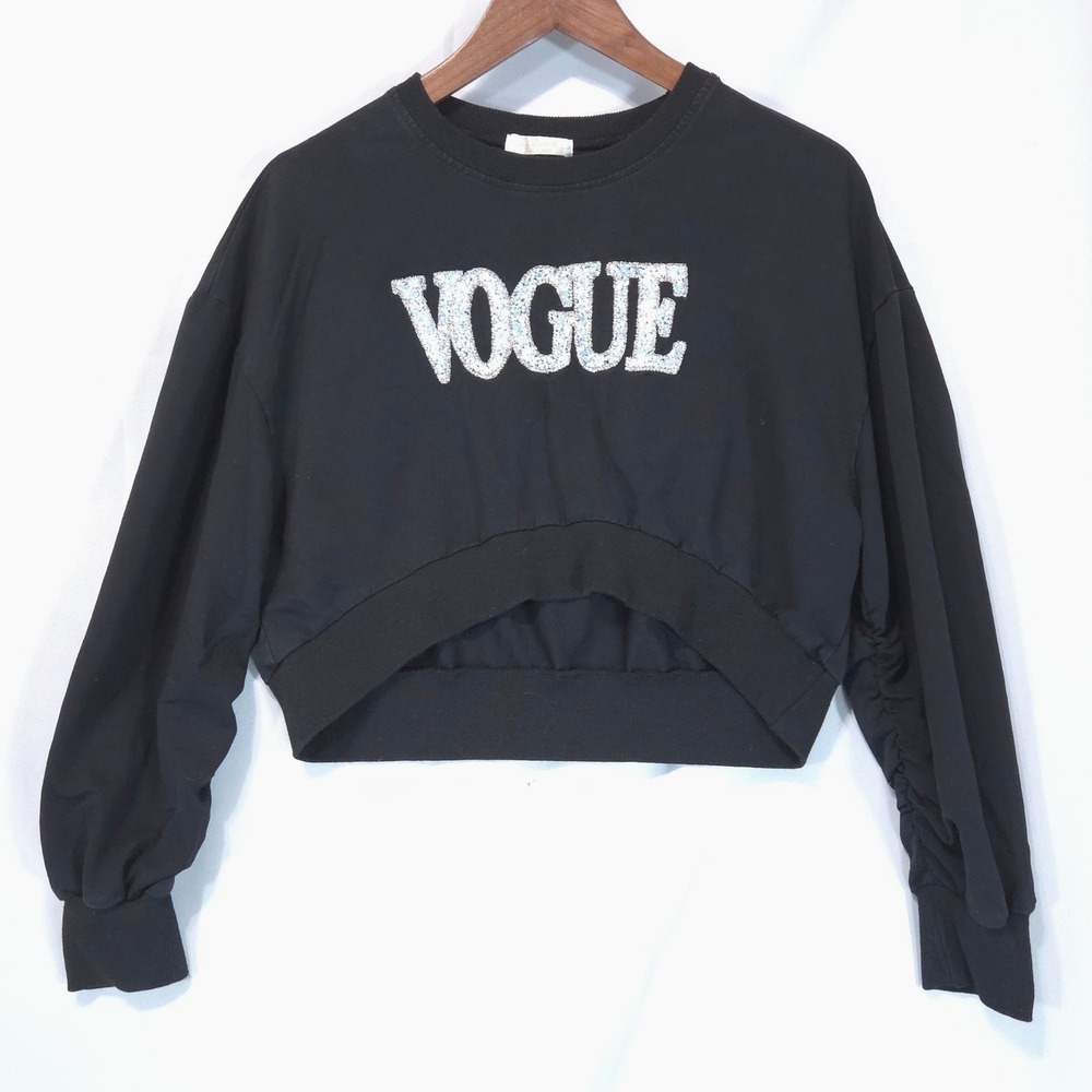 Vogue Sequin Star Cropped Sweatshirt Women S Black Ruched Sleeve Streetwear Y2K